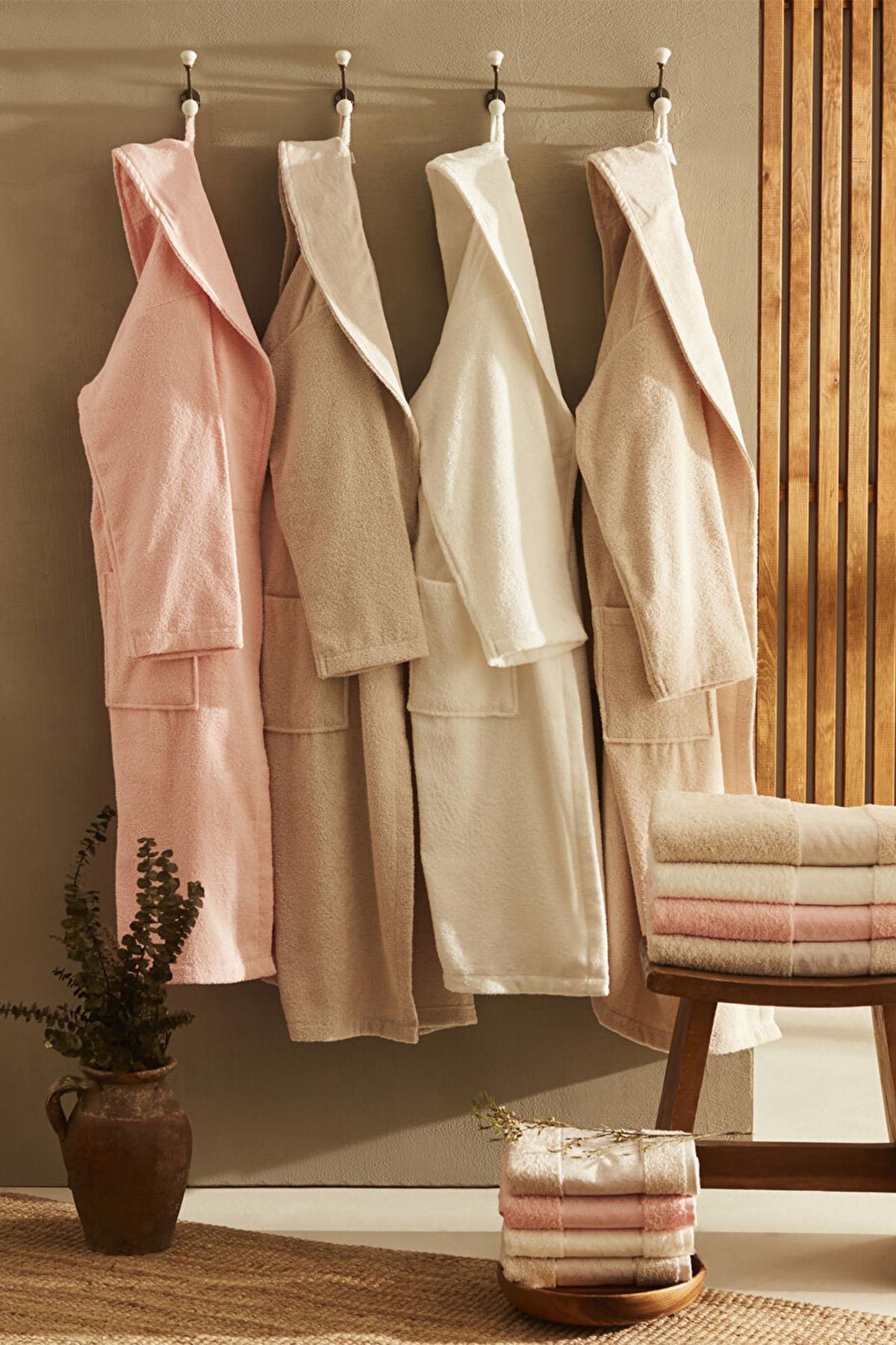 Casita Flos %100 Pamuk 6 Parça Aile Bornoz Seti Taş Pudra