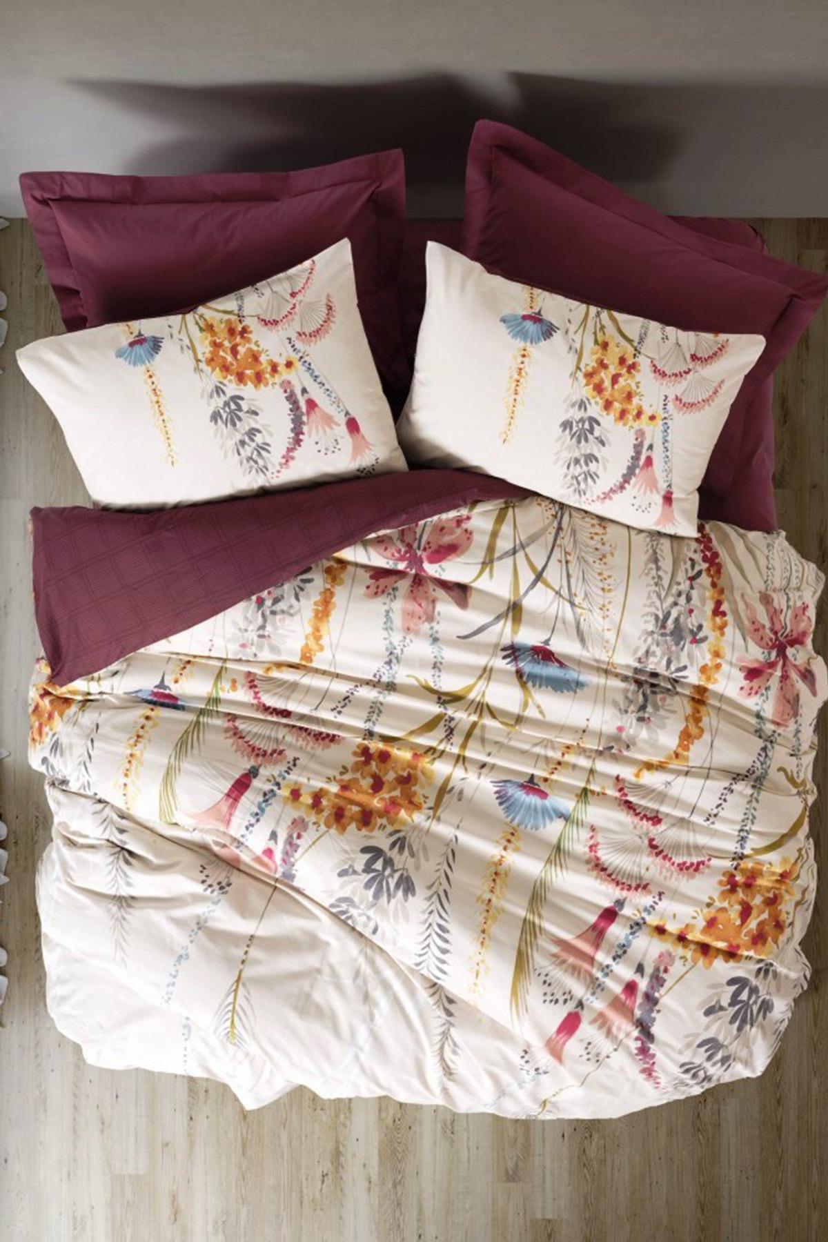 Flos Bordo Çift Kişilik %100 Pamuk Ranforce Nevresim Takımı - 200x220 cm