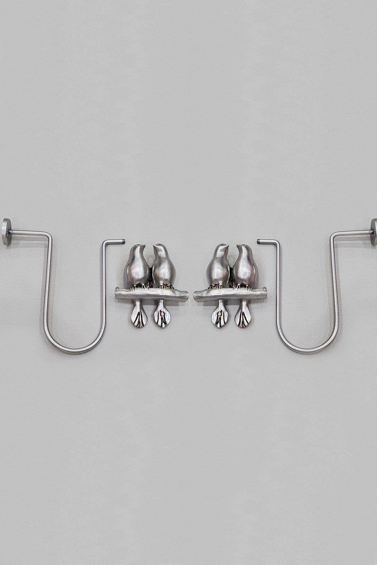 Kuş Figürlü Metal Kulp Polyester Perde Renso Takımı Gümüş Renk (2li Sağ-Sol Set)