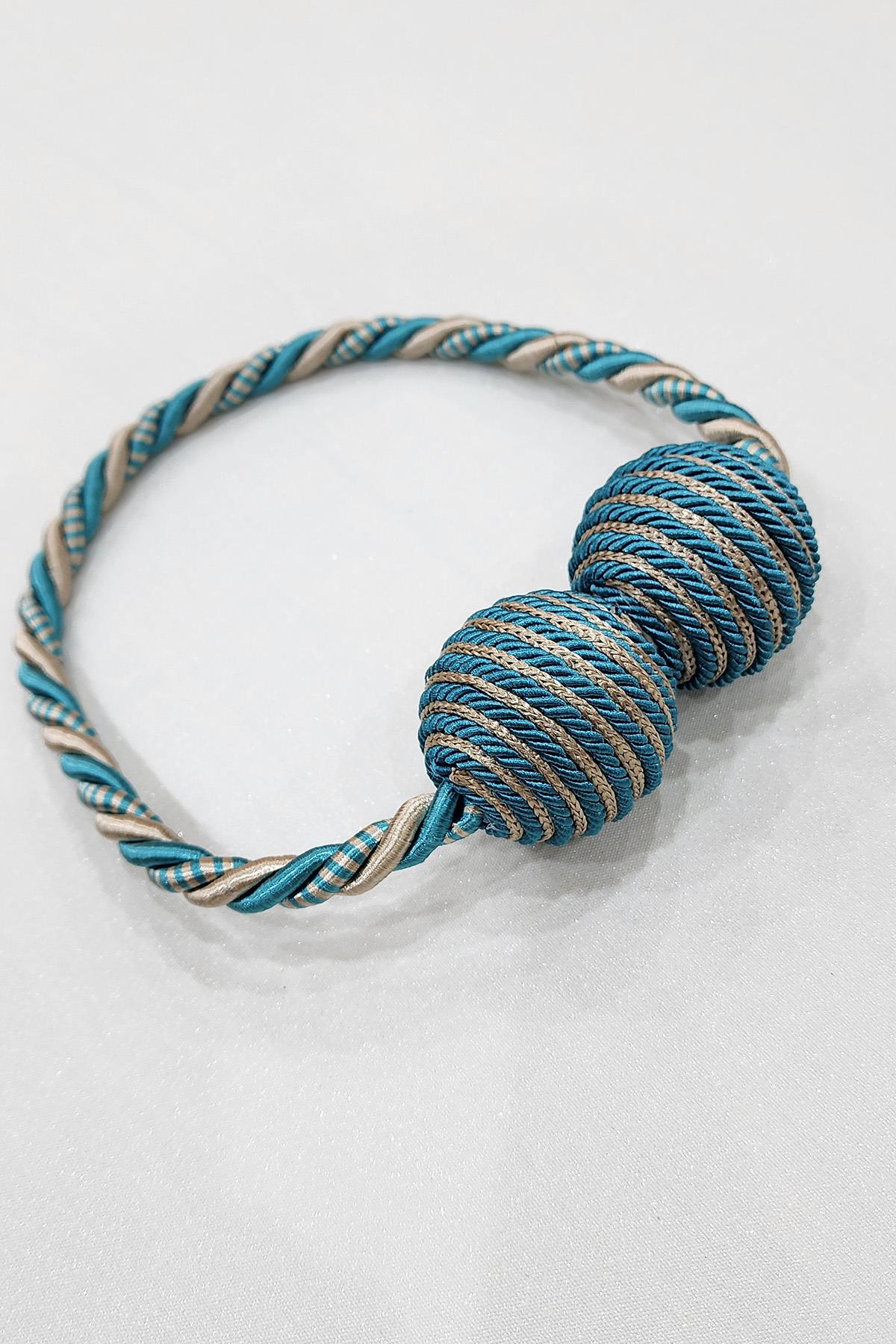 Mıknatıslı Perde Bağcık Braçol Turkuaz Bej Renk