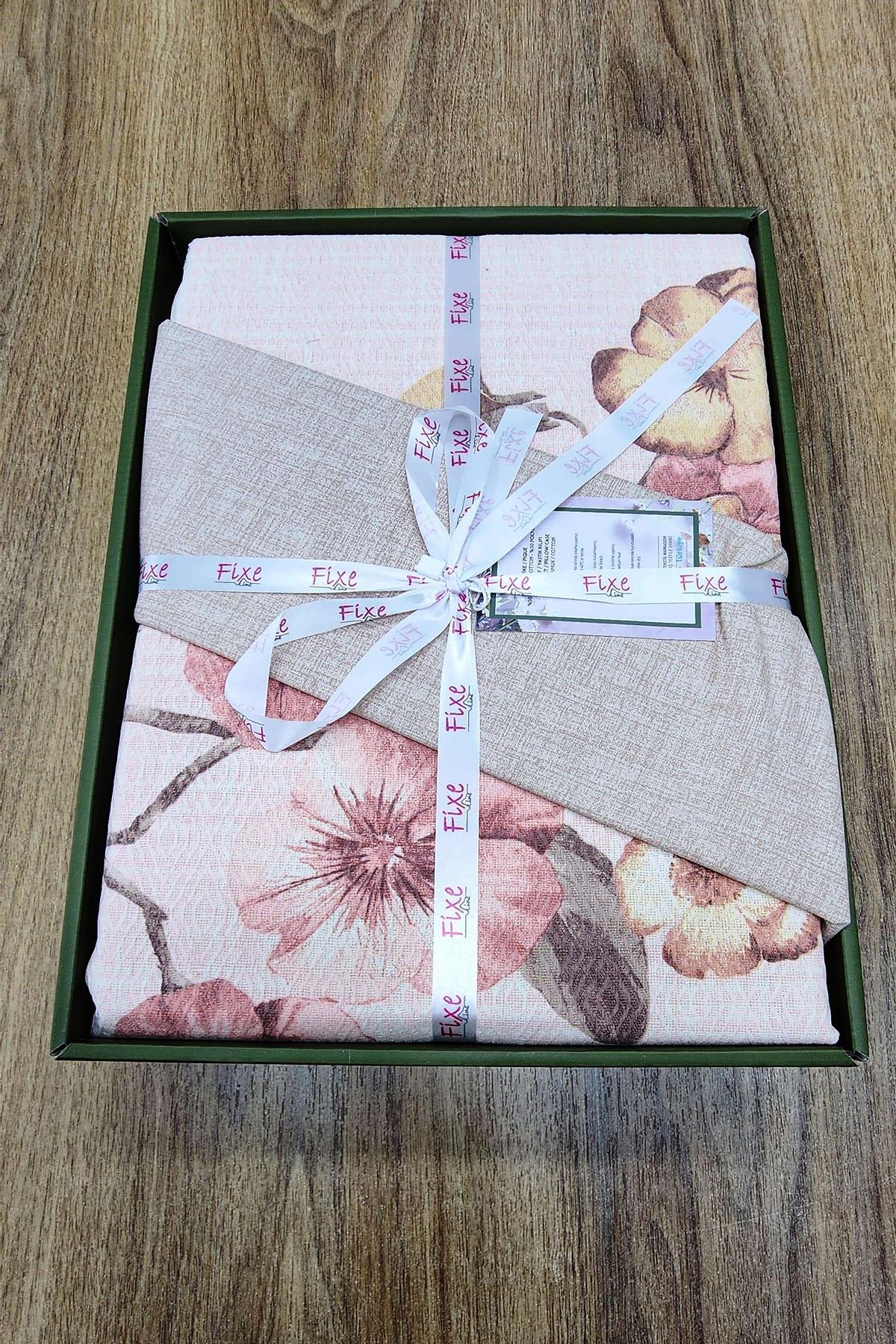 Pansy Bej Tek Kişilik Pike Takımı – %100 Pamuk, Lastikli Çarşaflı