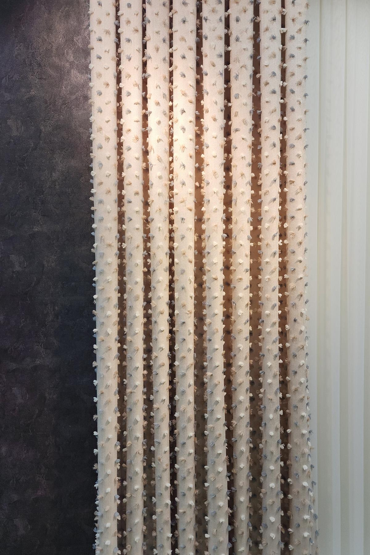 Pastel Püsküllü Fon Perde Bej Renk - Modern ve Neşeli Tasarım