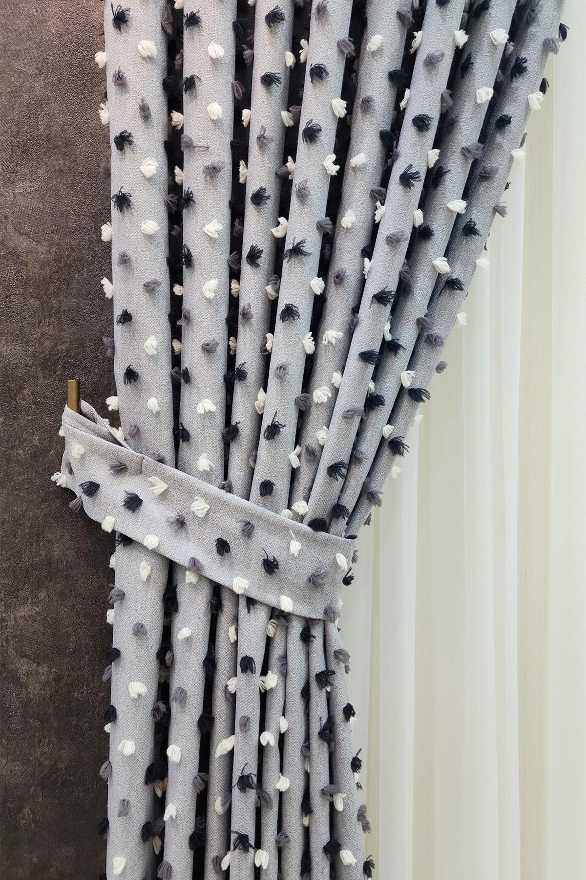 Pastel Püsküllü Fon Perde Gri Renk - Modern ve Neşeli Tasarım