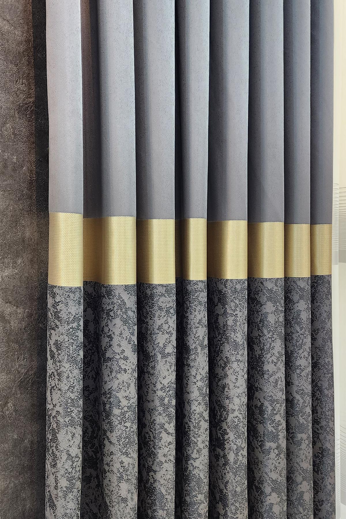 Regnum Pano Fon Perde Antrasit Gri Gold Renk