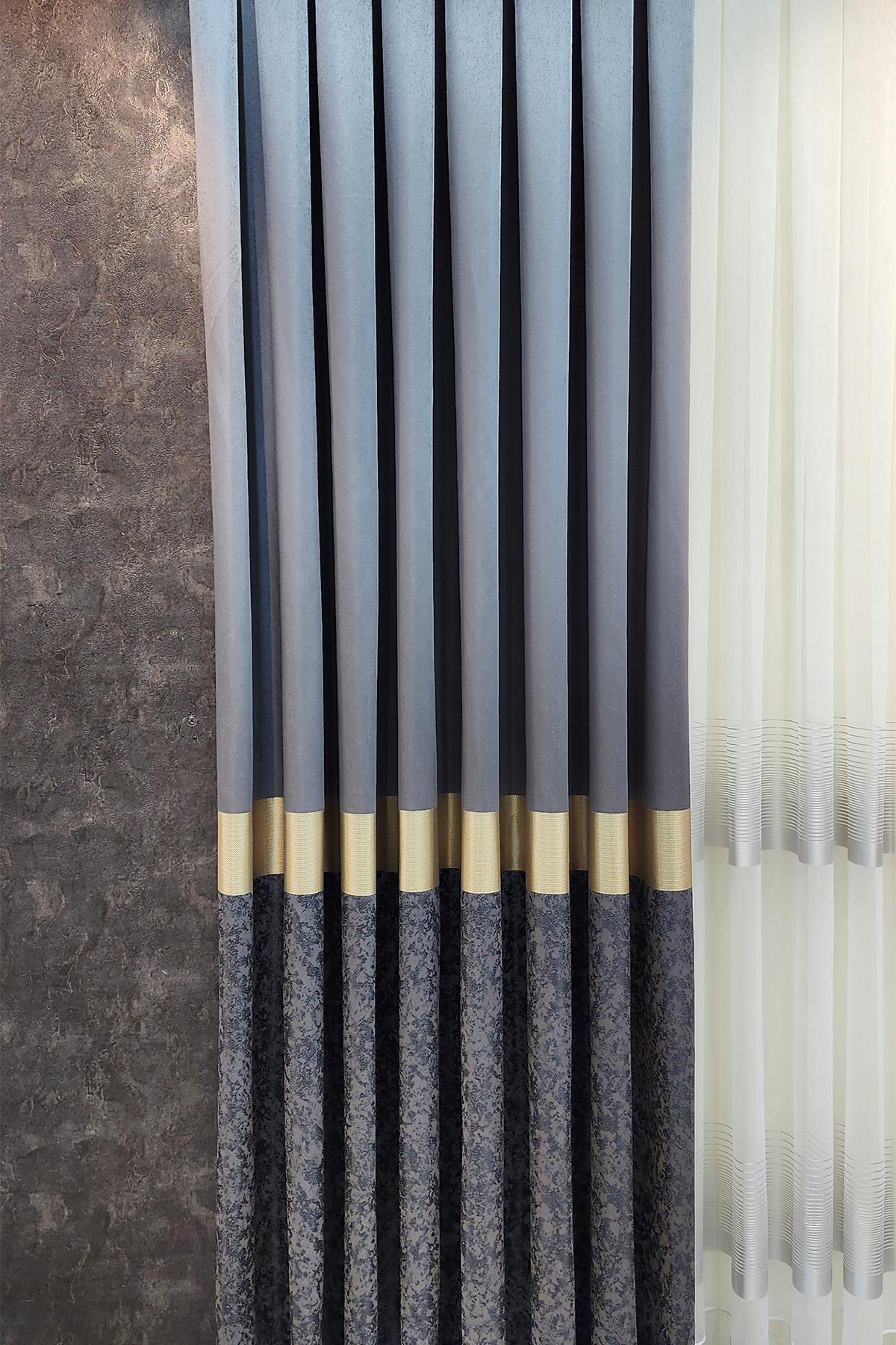 Regnum Pano Fon Perde Antrasit Gri Gold Renk