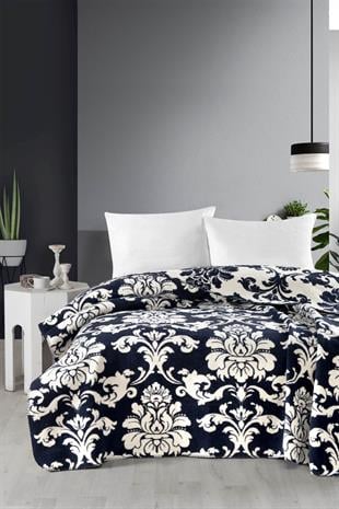 4 Mevsim Pamuklu Battaniye - Yumuşak ve Hafif Konfor Lacivert Krem Damaks 200cm X 220cm