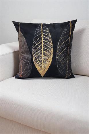 Altın Yaprak Desenli Siyah Dijital Baskılı Kırlent Kılıfı - 40x40 cm