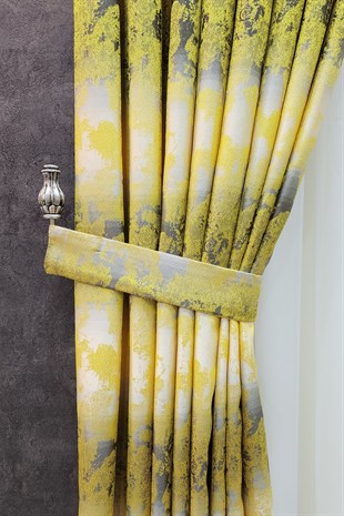 Ebruli Fon Perde Hardal Sarı Gri Renk