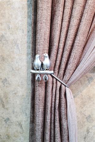 Kuş Figürlü Metal Kulp Polyester Perde Renso Takımı Gümüş Renk (2li Sağ-Sol Set)
