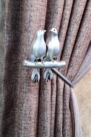 Kuş Figürlü Metal Kulp Polyester Perde Renso Takımı Gümüş Renk (2li Sağ-Sol Set)
