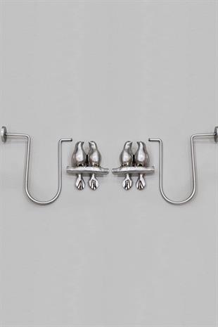 Kuş Figürlü Metal Kulp Polyester Perde Renso Takımı Gümüş Renk (2li Sağ-Sol Set)