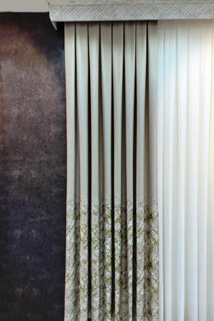 Lina Keten Dokuma Fon Perde Bej Yeşil Renk Desenli