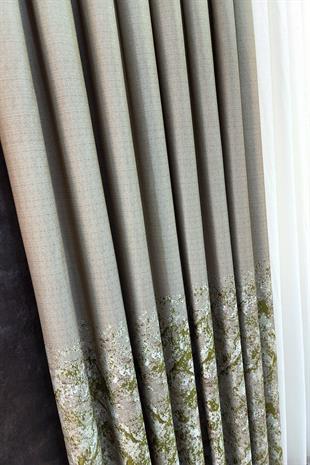 Lina Keten Dokuma Fon Perde Bej Yeşil Renk Desenli