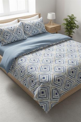 Mavi Geometrik Çizgi Çift Kişilik %100 Pamuk Nevresim Takımı