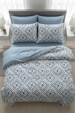 Mavi Geometrik Çizgi Çift Kişilik %100 Pamuk Nevresim Takımı