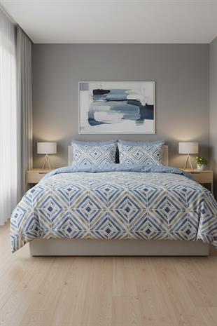 Mavi Geometrik Çizgi Çift Kişilik %100 Pamuk Nevresim Takımı