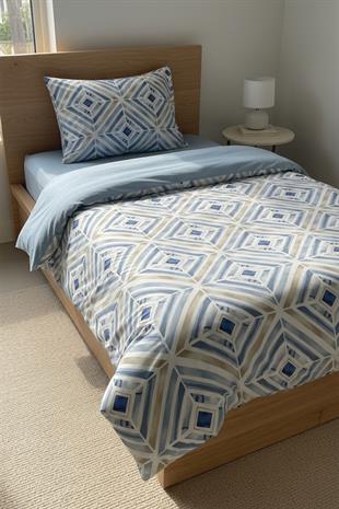 Mavi Geometrik Çizgi Tek Kişilik %100 Pamuk Nevresim Takımı