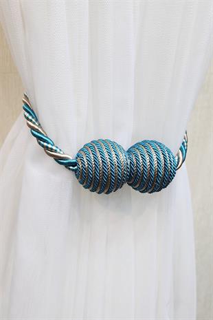 Mıknatıslı Perde Bağcık Braçol Turkuaz Bej Renk