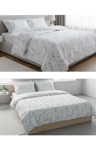 Minimal Dal Desenli %100 Pamuk Çift Kişilik Nevresim Takımı (Fermuarlı)