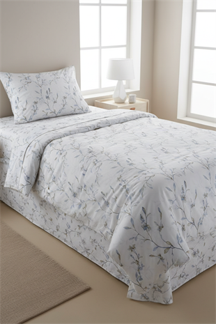 Minimal Dal Desenli %100 Pamuk Tek Kişilik Nevresim Takımı (Fermuarlı)