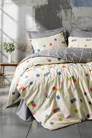 Minimal Evo Gri Çift Kişilik Lastikli Çarşaflı Nevresim Takımı – %100 Pamuk Ranforce