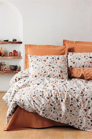 Minimal Tek Kişilik Lastikli Çarşaflı Nevresim Takımı Oniks Karamel, %100 Pamuk Ranforce 57 Tel Kumaş.