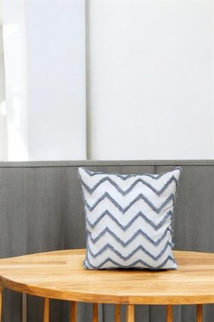 Modern Chevron Zigzag Püsküllü Kırlent Kılıfı Krem Gri Renk - 43x43cm