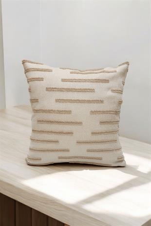 Modern Püskül Çizgili Kırlent Kılıfı Bej Renk 43x43cm