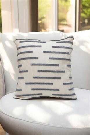 Modern Püskül Çizgili Kırlent Kılıfı Gri Renk 43x43cm