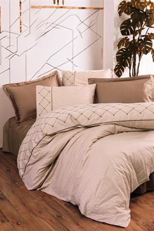 Nakışlı Saten Çift Kişilik Nevresim Takımı Afra Bej