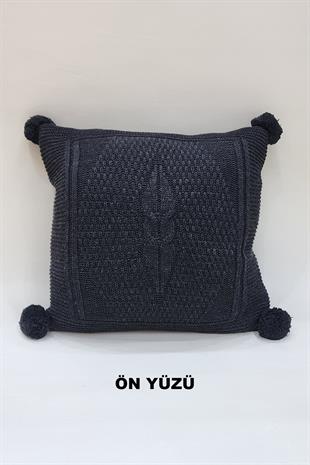 Örgü Desenli Ponponlu Kırlent Kılıfı Antrasit Gri Renk 43x43cm