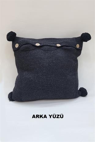 Örgü Desenli Ponponlu Kırlent Kılıfı Antrasit Gri Renk 43x43cm