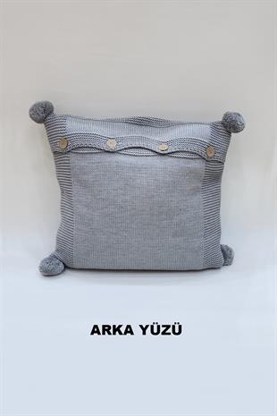 Örgü Desenli Ponponlu Kırlent Kılıfı Gri Renk 43x43cm