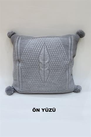 Örgü Desenli Ponponlu Kırlent Kılıfı Gri Renk 43x43cm