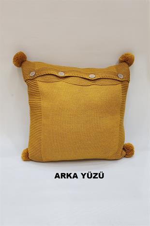 Örgü Desenli Ponponlu Kırlent Kılıfı Hardal Renk 43x43cm