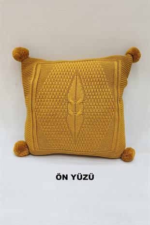 Örgü Desenli Ponponlu Kırlent Kılıfı Hardal Renk 43x43cm