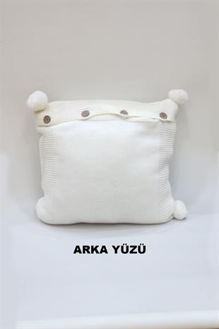 Örgü Desenli Ponponlu Kırlent Kılıfı Krem Renk 43x43cm