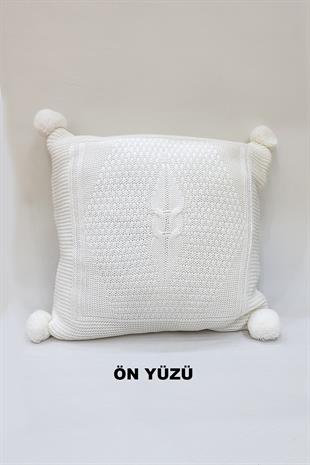 Örgü Desenli Ponponlu Kırlent Kılıfı Krem Renk 43x43cm