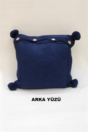 Örgü Desenli Ponponlu Kırlent Kılıfı Lacivert Renk 43x43cm