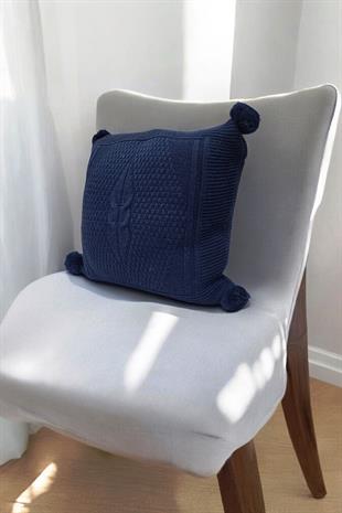 Örgü Desenli Ponponlu Kırlent Kılıfı Lacivert Renk 43x43cm