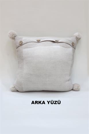 Örgü Desenli Ponponlu Kırlent Kılıfı Vizon Renk 43x43cm