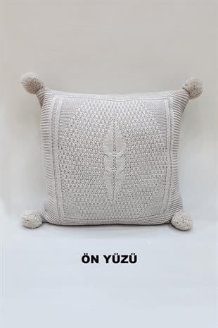 Örgü Desenli Ponponlu Kırlent Kılıfı Vizon Renk 43x43cm