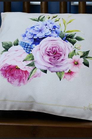 Pastel Çiçek Buketi Dijital Baskılı Kırlent Kılıfı - 40x40 cm