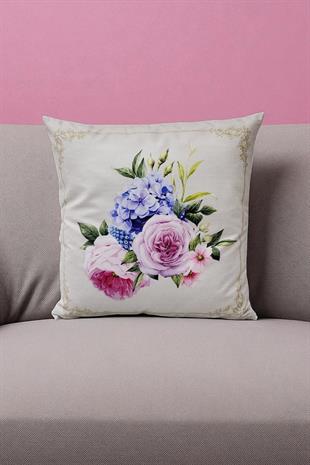 Pastel Çiçek Buketi Dijital Baskılı Kırlent Kılıfı - 40x40 cm