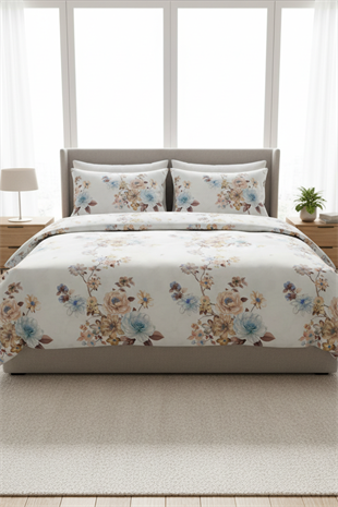 Pastel Çiçek Desenli %100 Pamuk Çift Kişilik Nevresim Takımı (Fermuarlı)