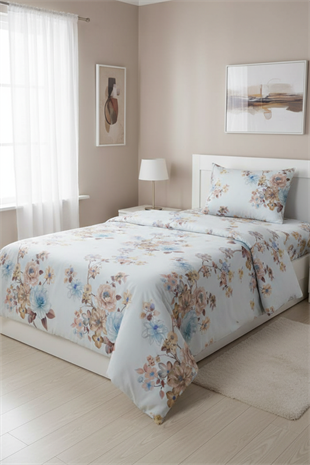 Pastel Çiçek Desenli %100 Pamuk Tek Kişilik Nevresim Takımı (Fermuarlı)