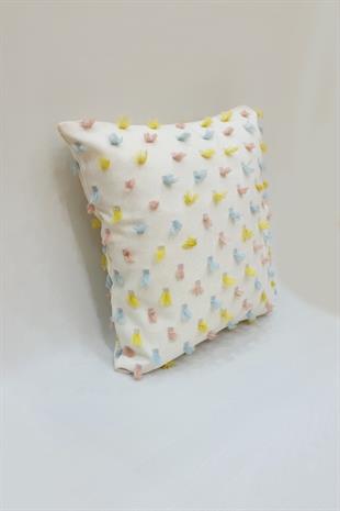 Pastel Püsküllü Kırlent Kılıfı Krem Renk -43x43cm - Modern ve Neşeli Tasarım