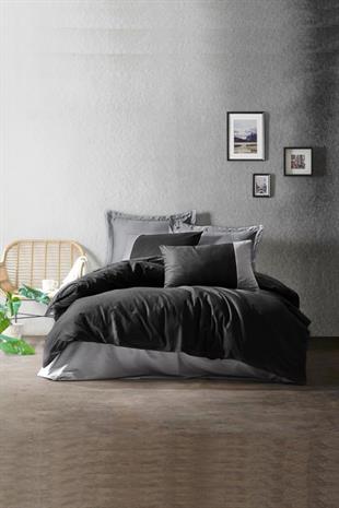 Plain Siyah Gri Çift Kişilik Nevresim Takımı - %100 Pamuk Ranforce 30/1 57 Tel