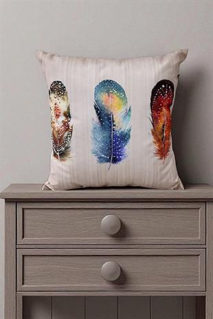 Renkli Tüyler Dijital Baskılı Kırlent Kılıfı - 40x40 cm