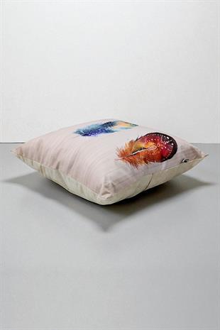 Renkli Tüyler Dijital Baskılı Kırlent Kılıfı - 40x40 cm